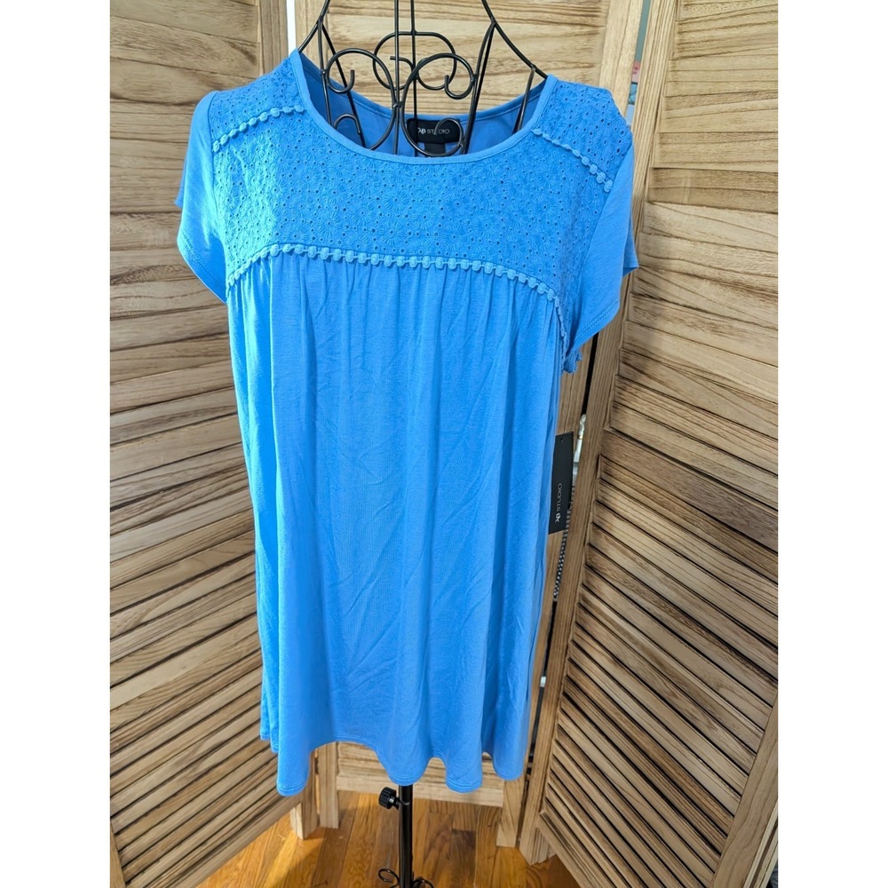 AB Studio Babydoll Top Size XL Embroidered Eyelet Lace Short Sleeve Blouse Blue
